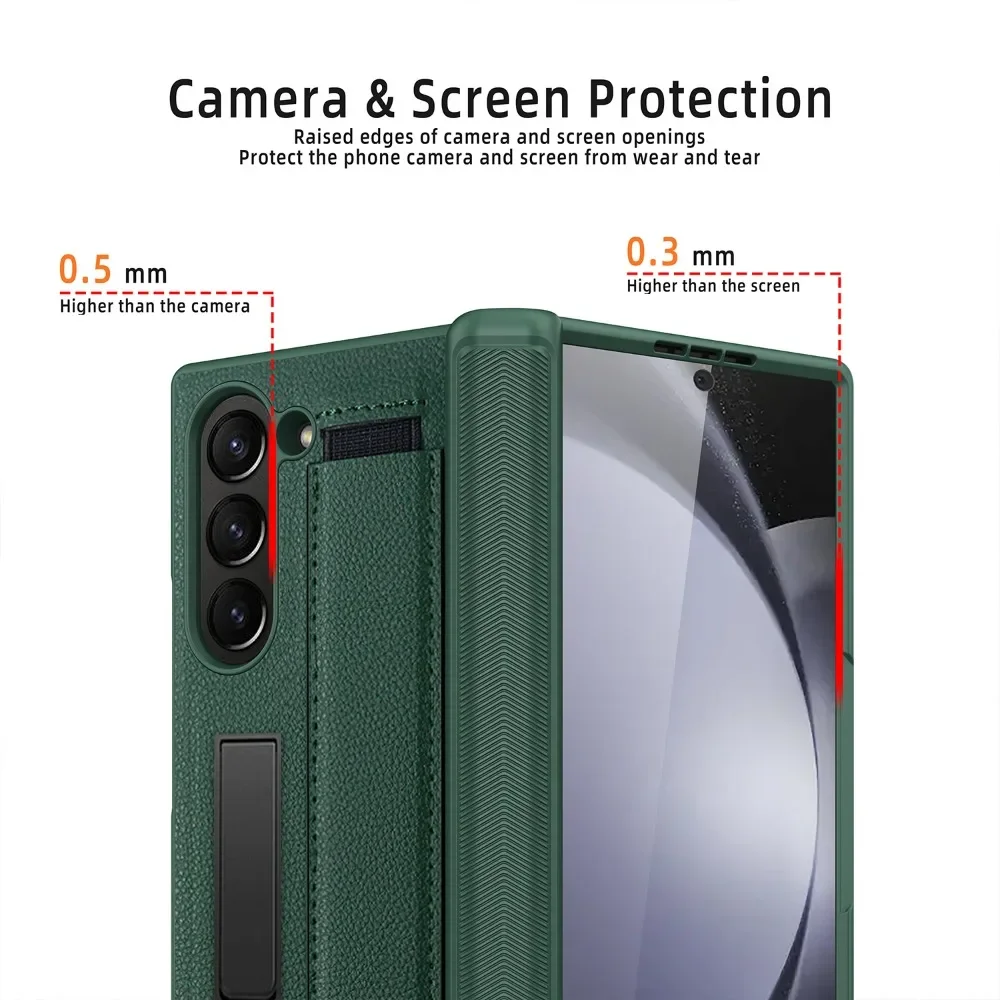 Full Coverage Hinge Protective Kickstand Leather Wristband Phone Case with Screen Protector