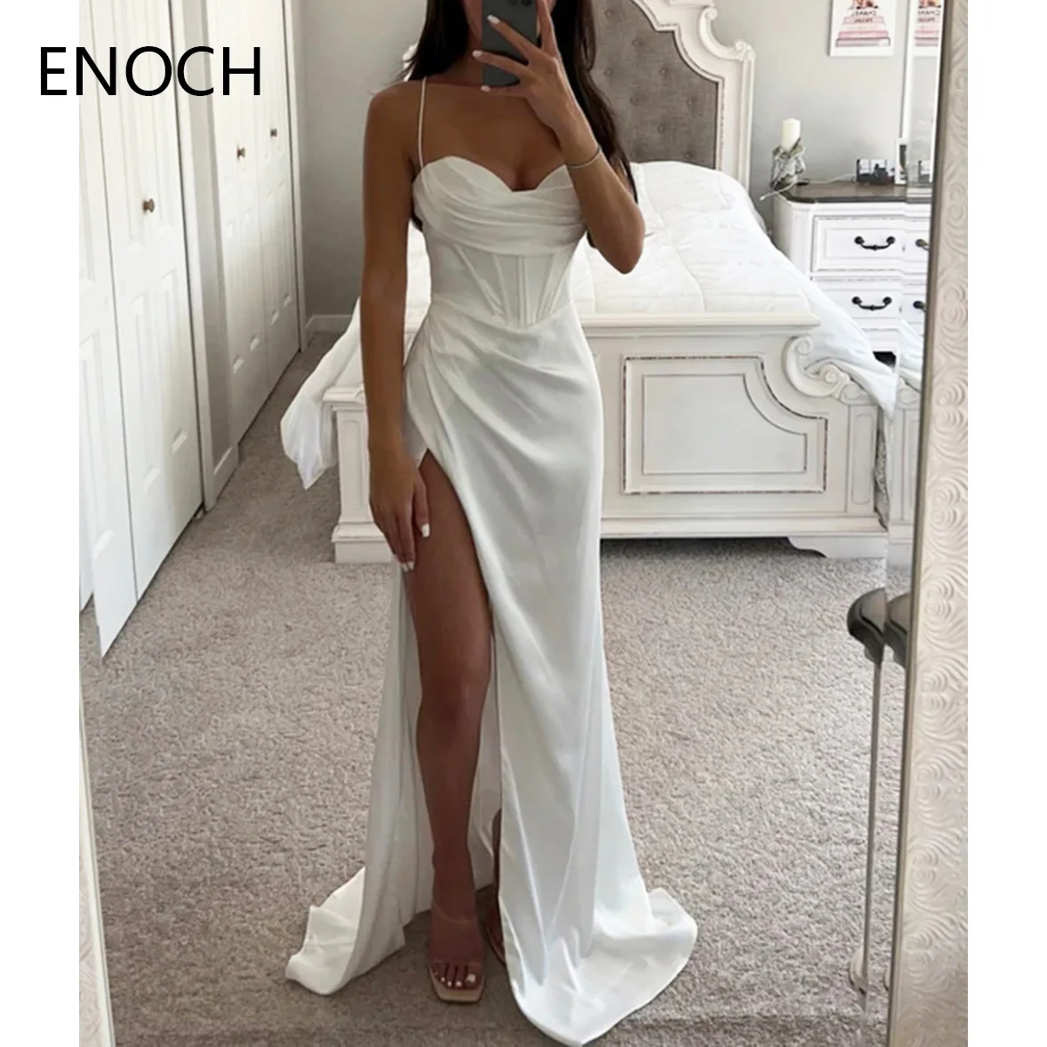 ENOCH Sexy Side Slit Mermaid Evening Dress New Spaghetti Straps Sweetheart Backless Satin Party Prom Formal Gowns فساتين الحفلات