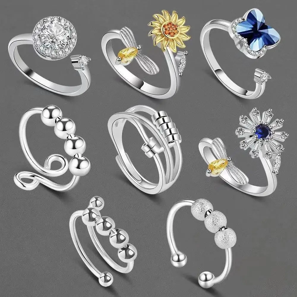 Delicate Spinner Fidget Rings for Women Girl Rotatable Ring Anti Anxiety Ring Open Adjustable