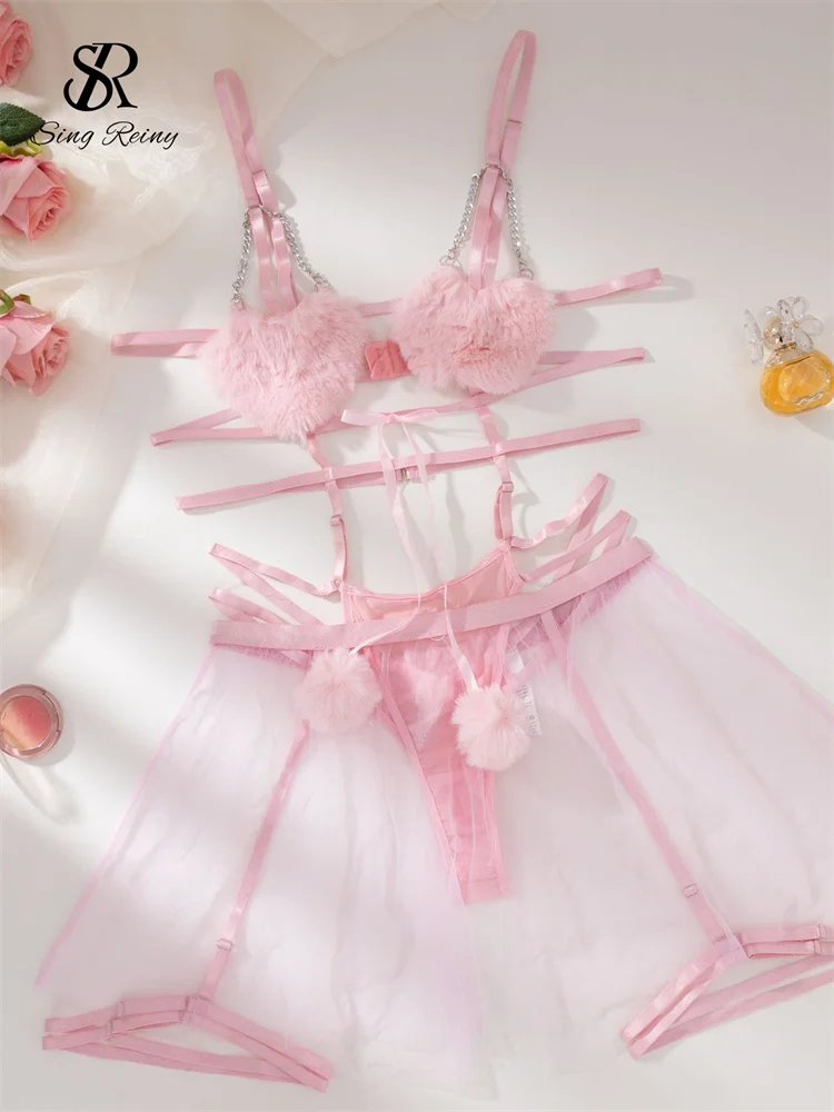 Bondage Harness Pink Lingerie Set Fluffy Bra Sexy Erotic Dress Woman Sex Outfit Transparent Erotic Underwear Seductive Costumes