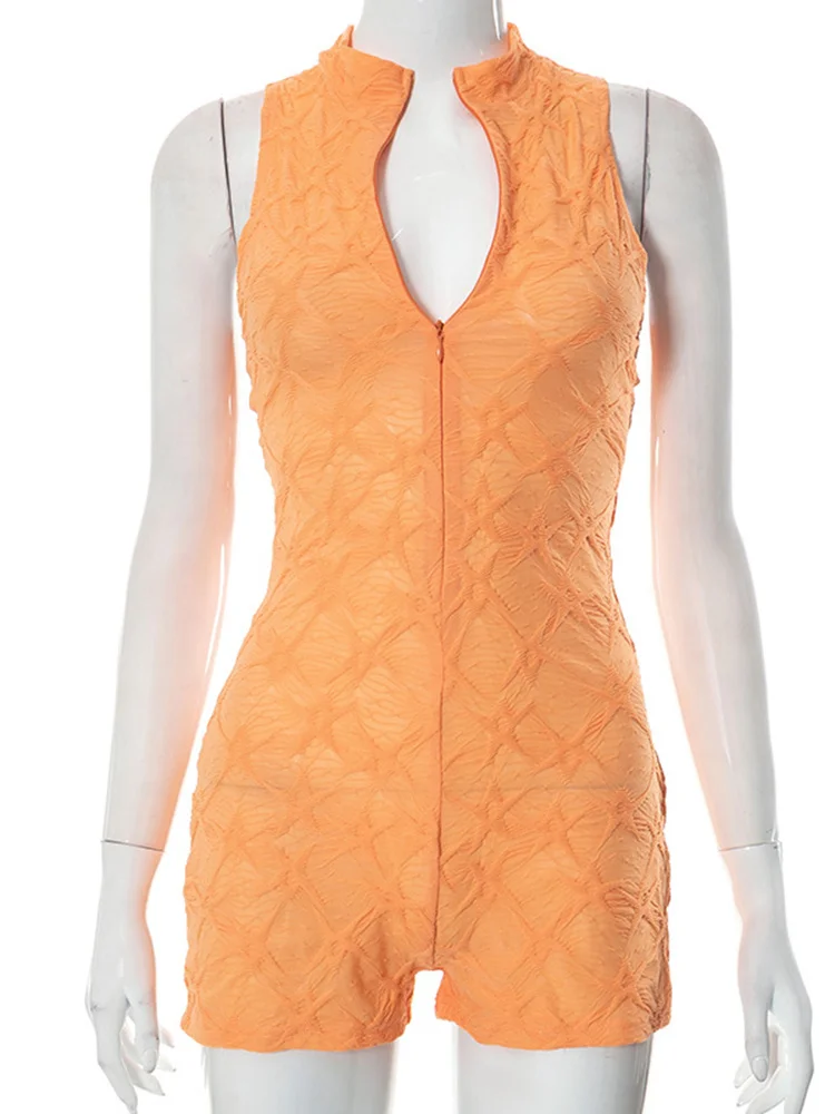 Sibybo Playsuit For Women Solid Color Jacquard Sleeveless Shorts Sexy Deep V Zipper Sports One-piece Shorts Summer Streetwear