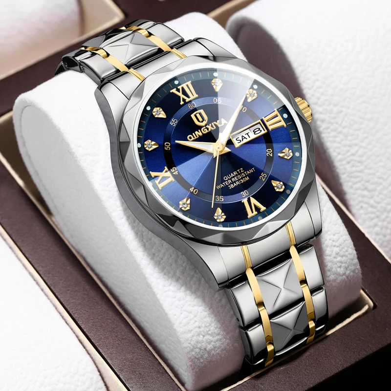 QINGXIYA Top Brand Fashion Rhombus Mirror Quartz Watch for Men Waterproof Luminous Stainless Steel Date Week Men's Watches