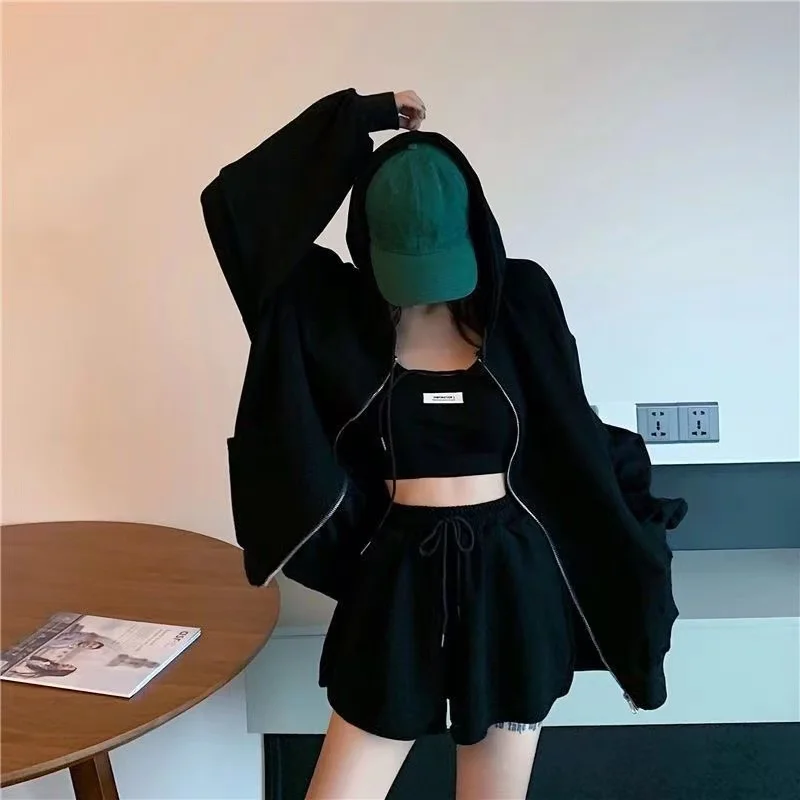 Casual Shorts Three 3 Piece Sets Women Vest Drawstring Shorts Hooded Zipper Jacket Sportswear Suits Female Solid Sports Hoodie plus size loungewear sets