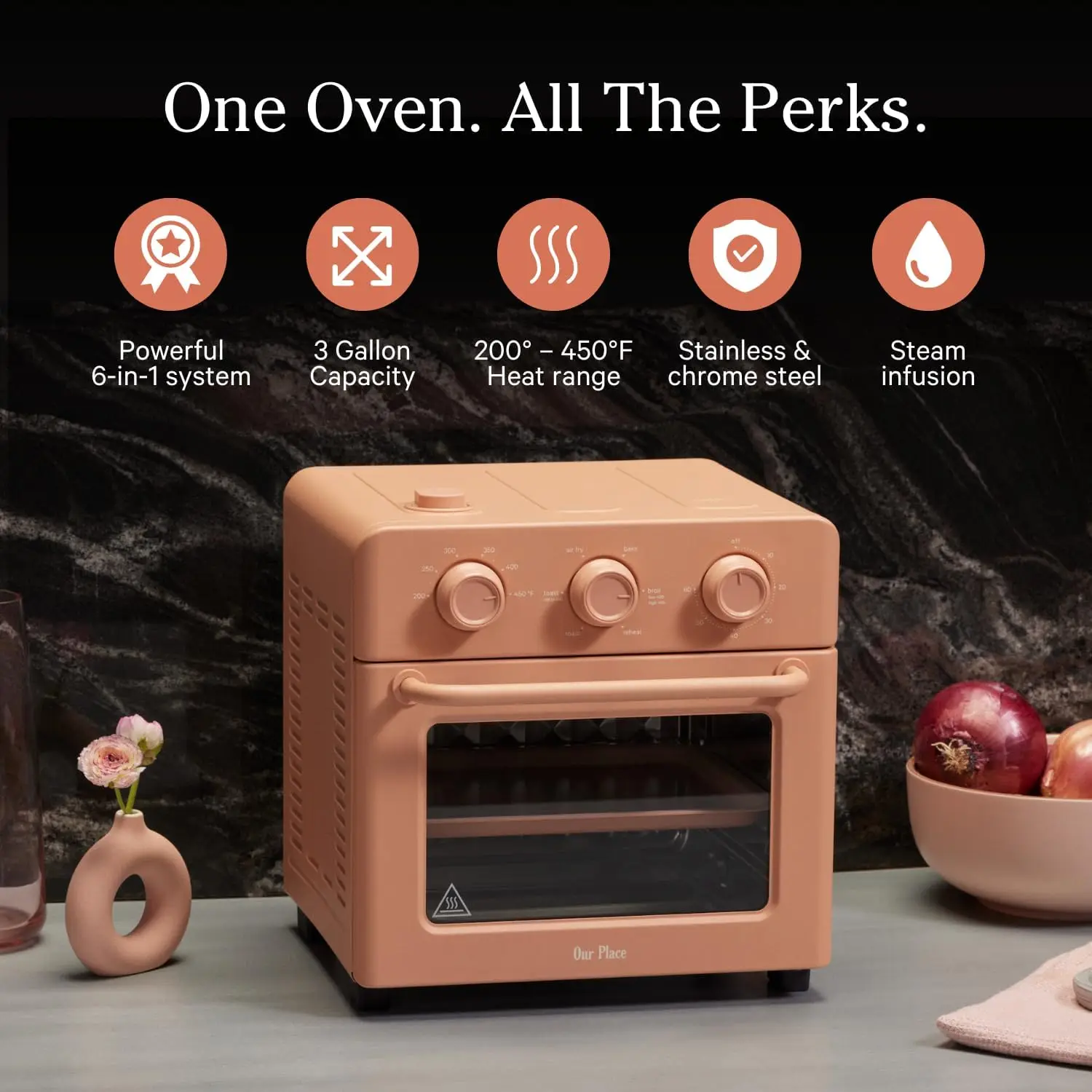 6-in-1 Air Fryer & Toaster Oven with Steam Infusion Compact, Countertop Friendly, Fast Preheat, Multif