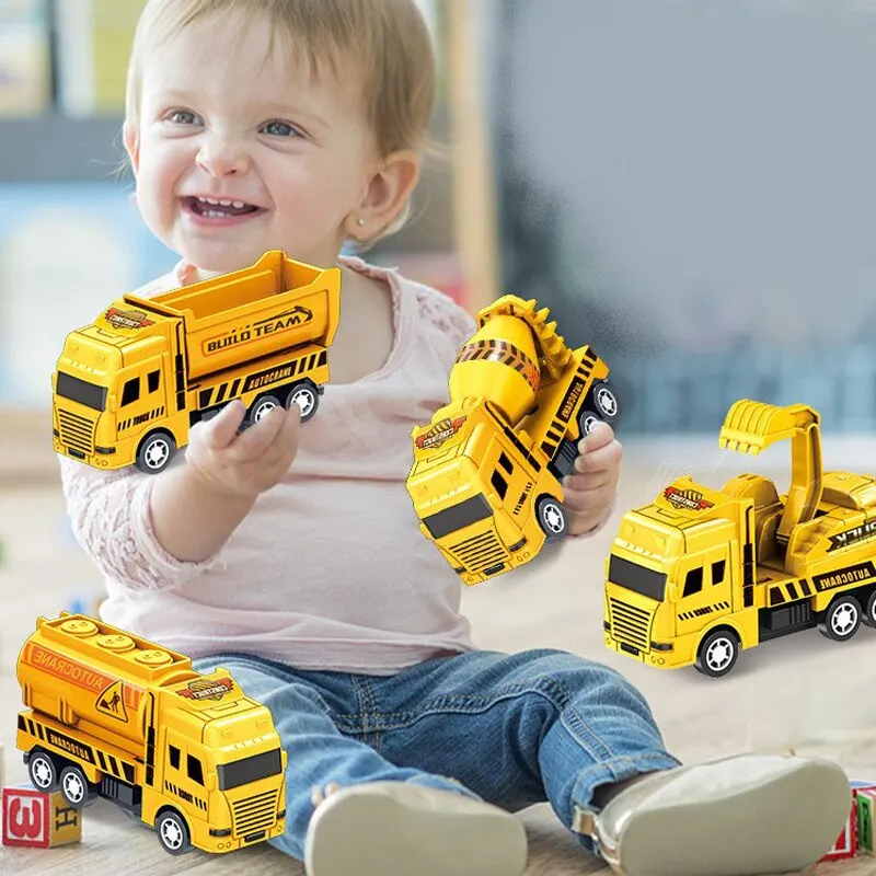 4 Pcs Small Construction Vehicles, Pull Back & Go Friction Powered STEM Toys for Toddlers, Travel Car Toys Age 3-5 Birthday Gift