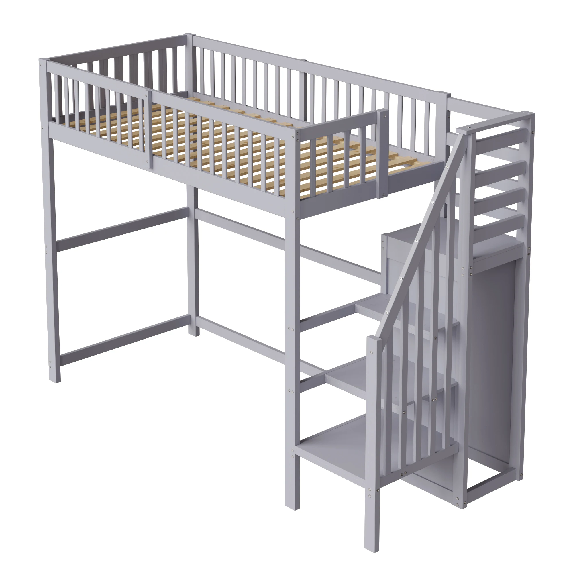 KOMHTOM Holzkinderhochbett 90x200 cm mit Treppe Aufbewahrungsregal und einfachem Kleiderschrank – Detail 2
