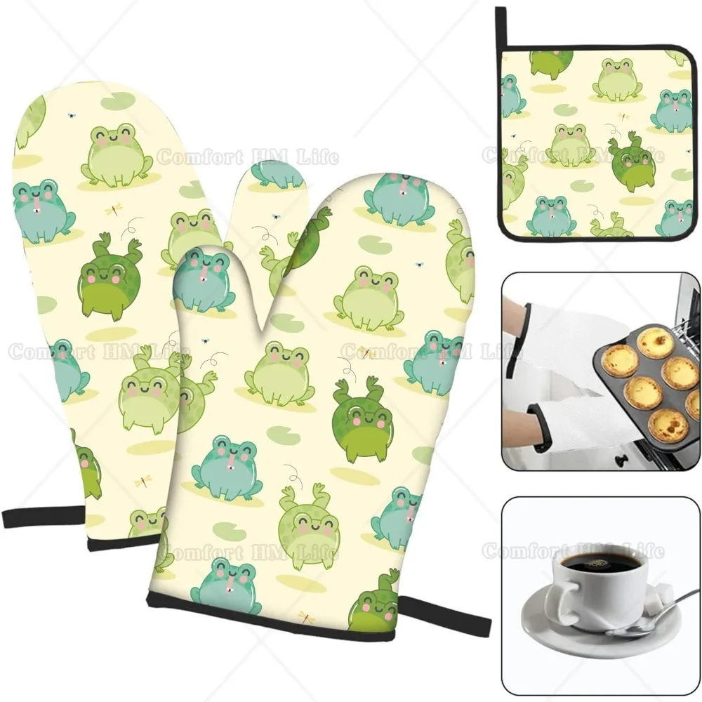 Frog Oven Mitts and Pot Holders Sets 3Pcs Heat Resistant Non-Slip Pure Cotton Microwave Ovens for Baking Cooking BBQ Grilling