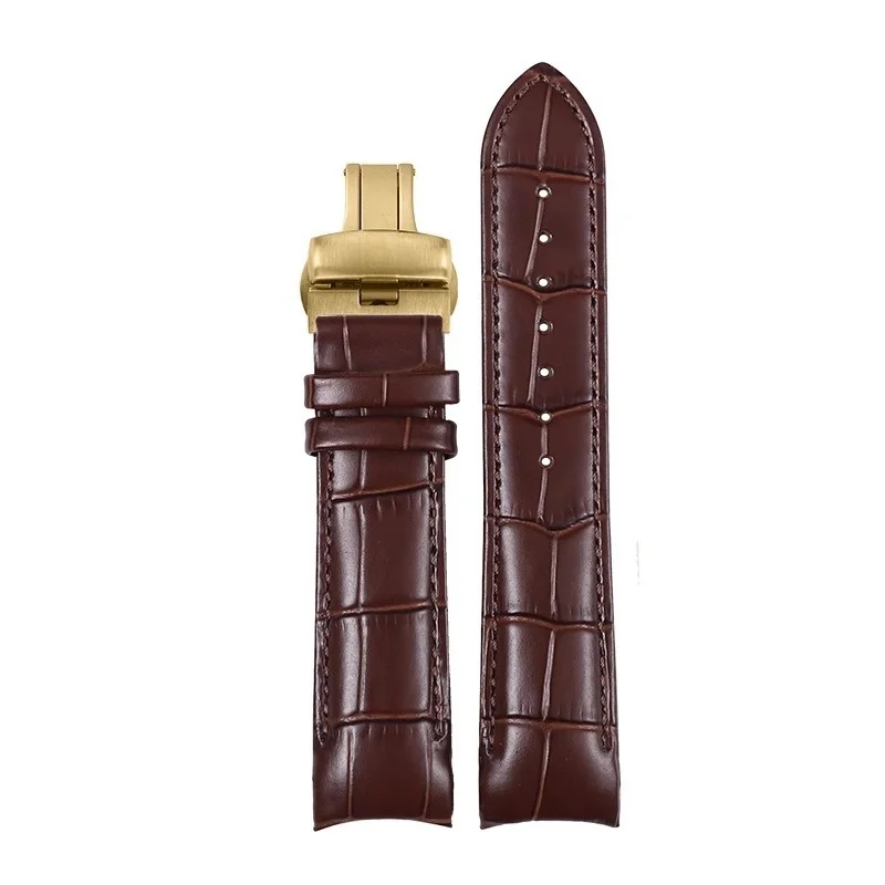 Elegant Curved Genuine Leather Strap with Butterfly Clasp - Premium Replacement Band