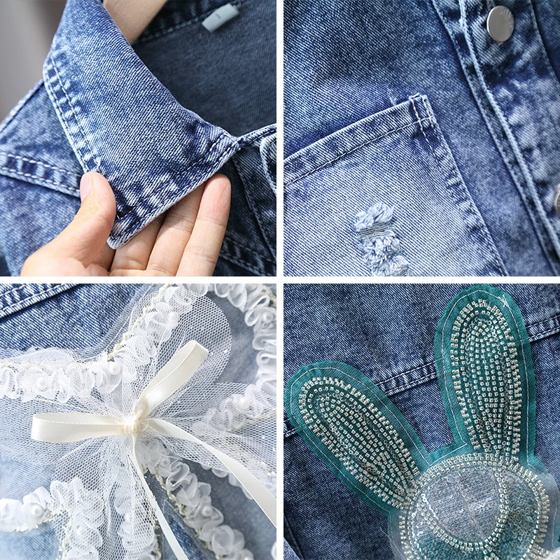 Girls' Denim Jacket with Cute Rabbit and Lace Bow Design