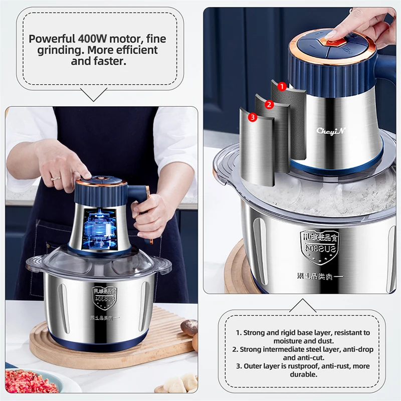 Meat Grinder Electric Food Processor 5L Stainless Steel Meat Blender Food Chopper for Vegetable Fruit Nut with 6-Blades 110-240v