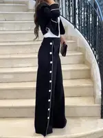 Freeacy Women's Casual Pants Set Notched Collar Long Sleeves Coat and High Waist Side Buttoned Pants Office Ladies Two-piece Set - Image 2