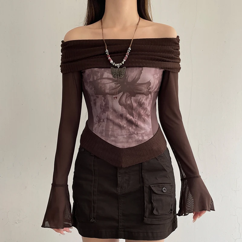 Top de mujer con mangas acampanadas y hombros descubiertos, estilo patchwork, estilo Y2K, estilo grunge, corte entallado, estilo vintage sexy, otoño de los años 2000