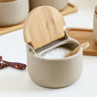 Beige Ceramic Seasoning Jar with Bamboo Lid Kitchen Spice Container Household Salt and Sugar Bowl Set Seasoning Storage Box 1