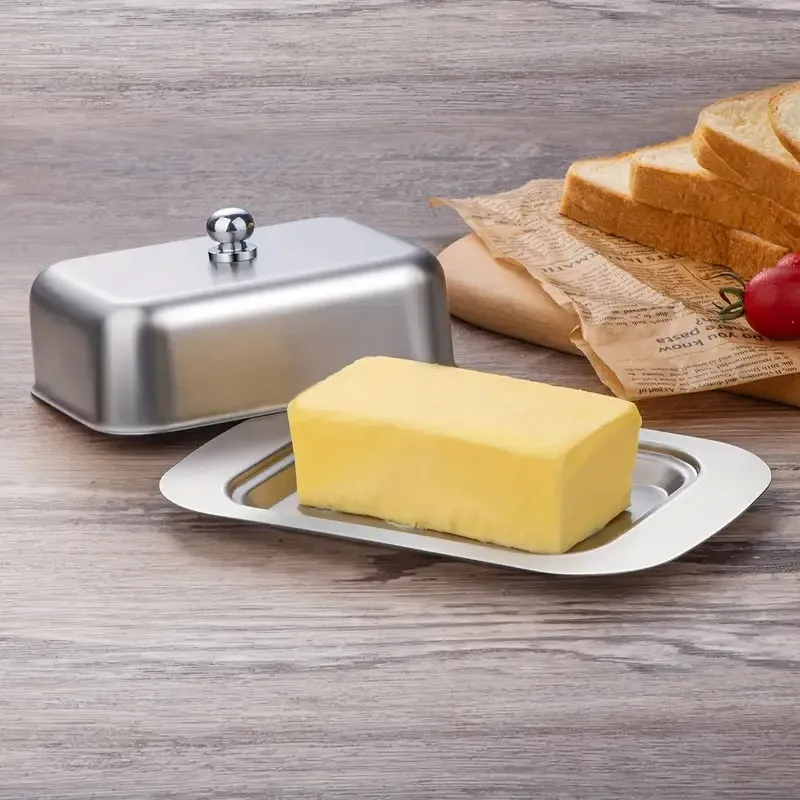 1pc, Butter Box, Metal Butter Box, Stainless Steel Saucer With Cover, Dish Cheese Storage Keeper