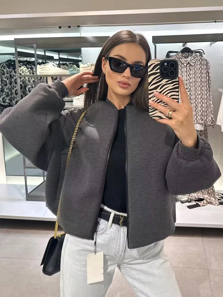 

TRAF GJXSDNX Cropped Warm Bomber Jacket Ticken Faux Cashmere Zipper Autumn Women Coat Stand Collar Pocket Streetwear