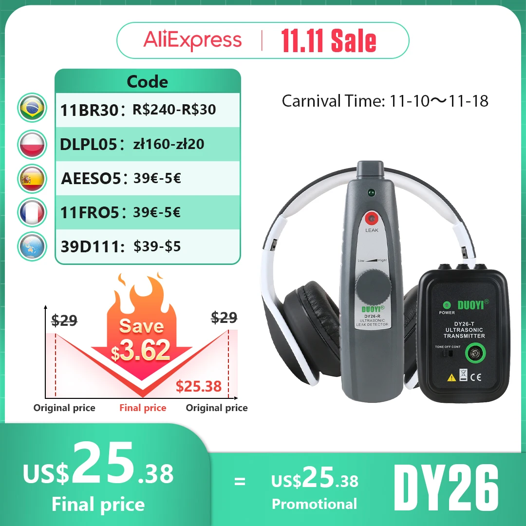 DUOYI DY26 DY26A Ultrasonic Gas Leak Detector Water Freon Car Detector Tool Set Outdoor & closed container Leak Tester