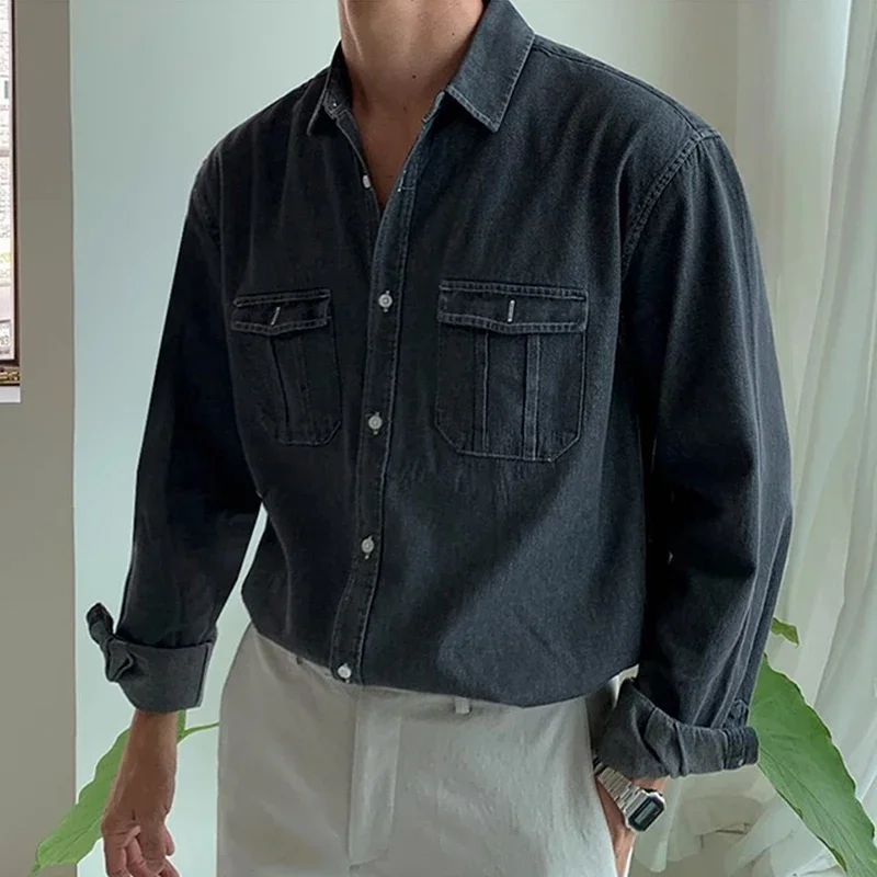 Streetwear Mens Denim Shirts Fashion Patchwork Pockets Long Sleeve Jean Shirt Vintage Solid Color Button Denim Cardigans