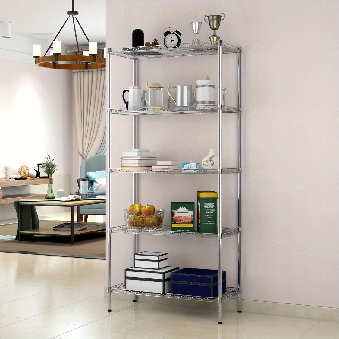 

5-Layer Metal Floor Standing Storage Rack with Adjustable Height - Perfect for Bedroom, Living Room, Bathroom, Balcony