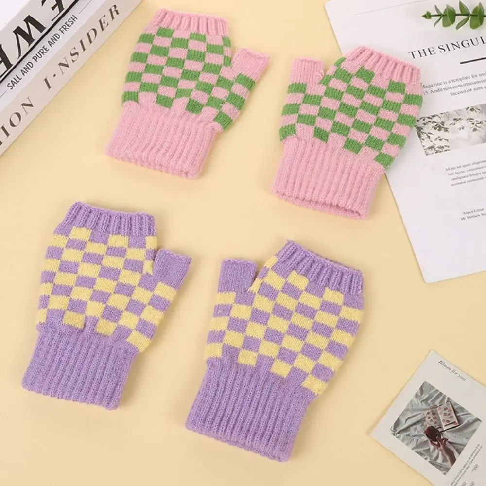 Корейские модные шерстяные вязаные варежки для шахматной доски студенческие перчатки без пальцев для письма женские осенне-зимние теплые варежки с полупальцами