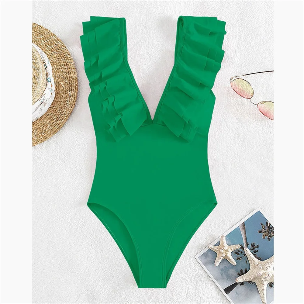2025 Ruffle One Piece Swimsuit New Deep-V Swimwear Off The
