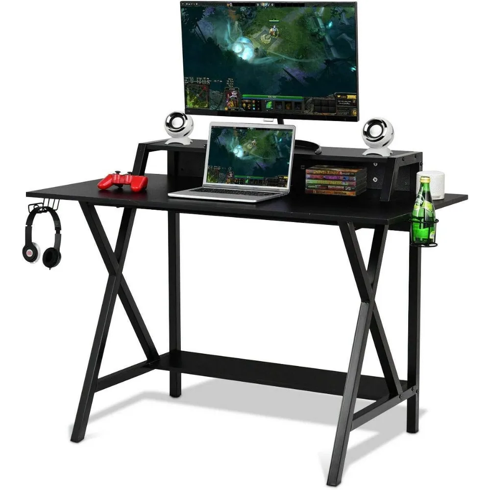 Tangkula Gaming Computer Desk with Monitor Shelf, Gaming Table Workstation with Cup Holder Headphone Holder & Built-in Power hd tv tuner dvb t2 usb2 0 tv box hdmi 1080p dvb t2 tuner receiver satellite decoder built in russian manual for monitor adapter