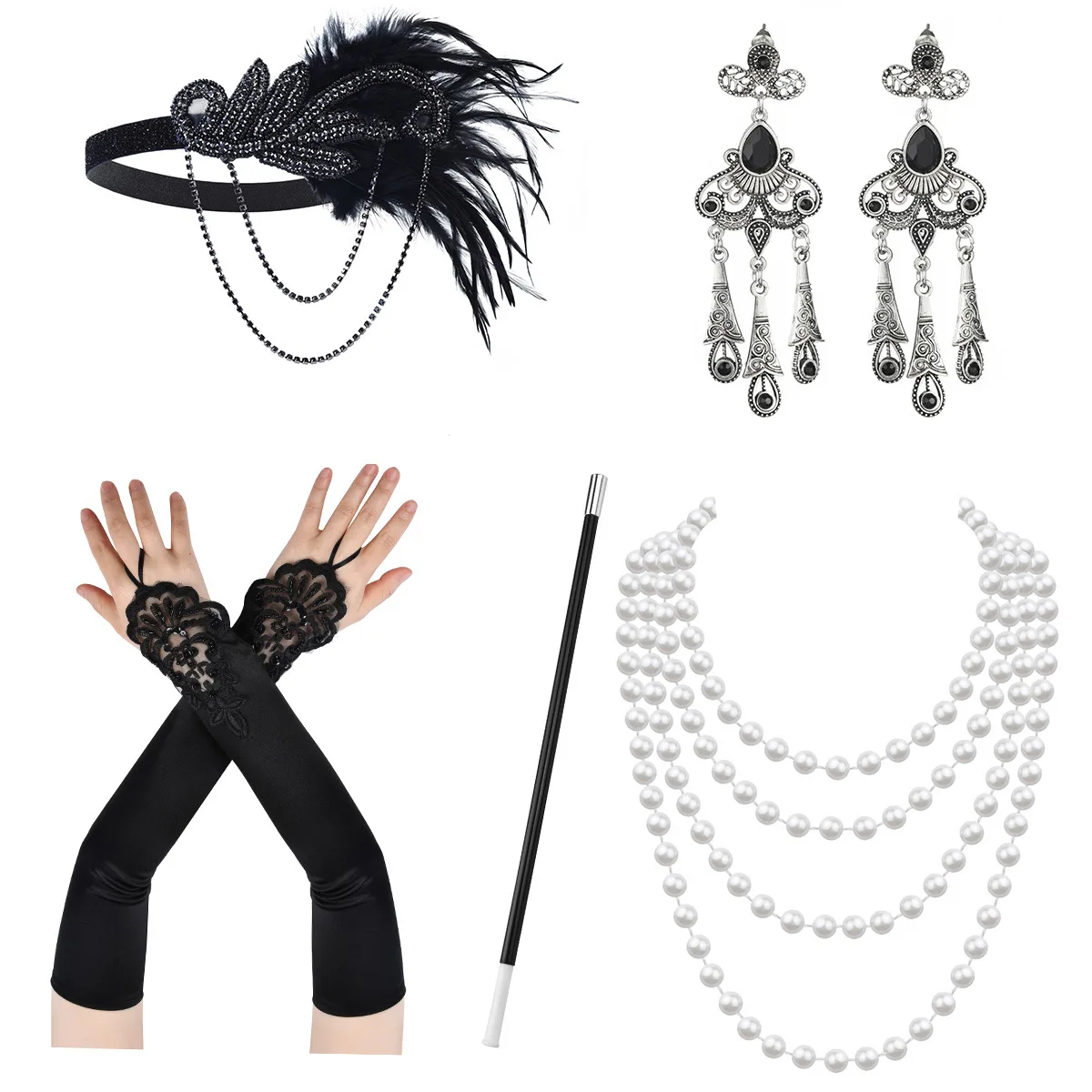 5PCS 1920s Flapper Dress Accessories Retro Party Props GATSBY CHARLESTON Headband Pearl Necklace Feather Band for Wedding