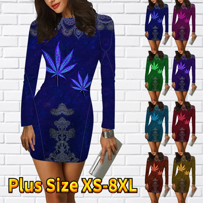 

2023 Fall Women's Crew Neck Long Sleeve Skirt Elegant Slim Dress Winter 3D Printed Tight Skirt Vintage Dress Sexy Party Skirt