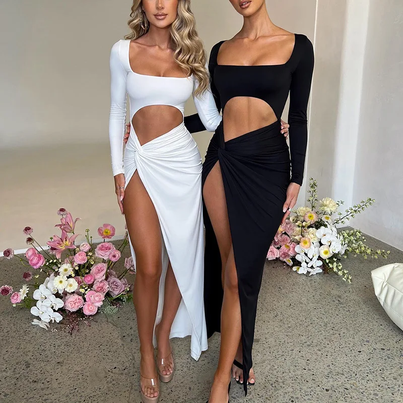 

Sexy Hollow Out Side High Split Maxi Dress Female Elegant Long Sleeve Club Party Slim Dresses for Women 2023 Y2K Style Vestidos