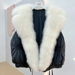 Hot Sales 2023 Women's Winter Coat Short Loose Placket High-End Fox Fur Big Fur Collar Navy Collar White Duck Down Down Jacket