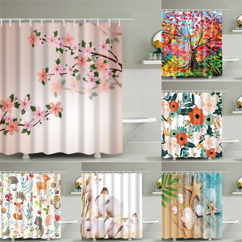 Decorative Home Decoration Leaf Flower Shell Animals Fabric Shower Curtain Bath Bathing Bathroom with Hooks |