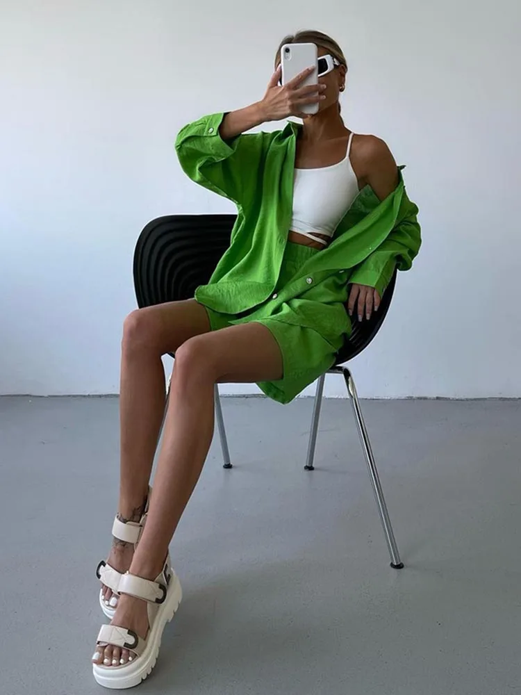 Sommer frauen Anzug Hemd und Kurze Sets Einfarbig Casual Baumwolle und Leinen Bluse und Shorts Zwei Stück Sets frauen Outfit 2023