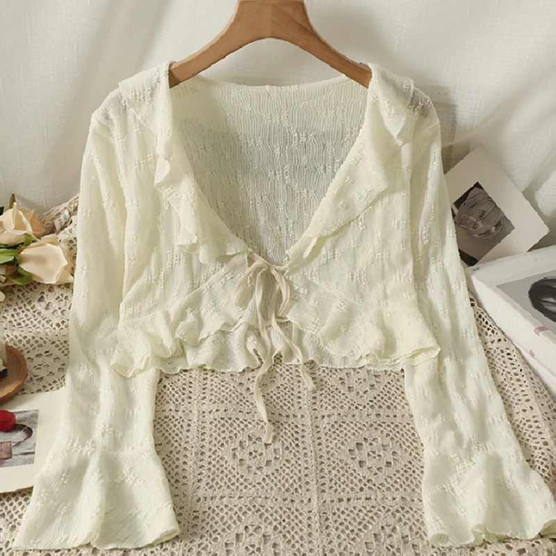 8k90 apricot ruffle bell sleeve cardigan