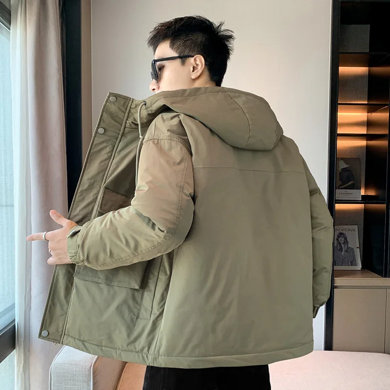 Winter Men's Thickened Cotton Jacket Fashion Workwear Hooded Down Coat Oversized Slim Casual Multi Pocket Windproof Warm Coat