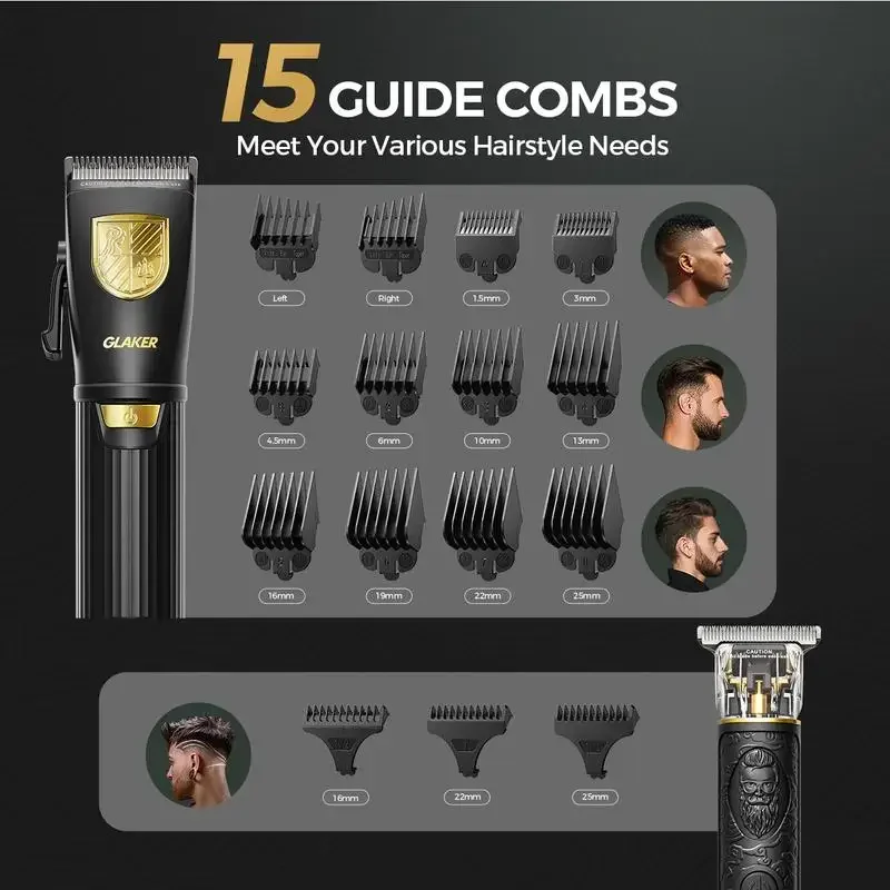 GLAKER Cordless Hair Clipper Kit – Hair Trimmer for Men, Sharp Blades, LED Display, 15 Guide Combs, Travel Case, and Storage 3