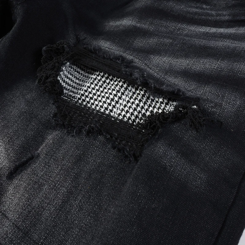 High Street Fashion Men's Black Jeans High Quality Retro Elastic Slim Fit Split High Quality Black Jeans Men's Fishing Net Patch