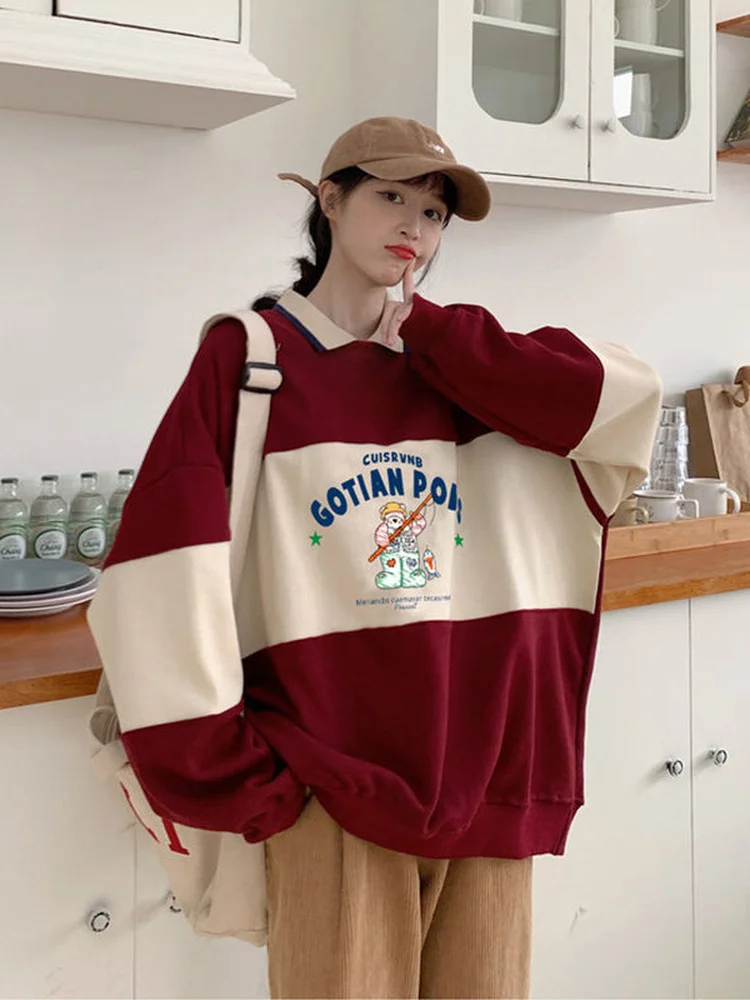 

Deeptoen Korean Style Polo Collar Oversized Sweatshirt Women Vintage Harajuku Plus Velvet Long Sleeve Hoodie 2022 Autumn Kpop