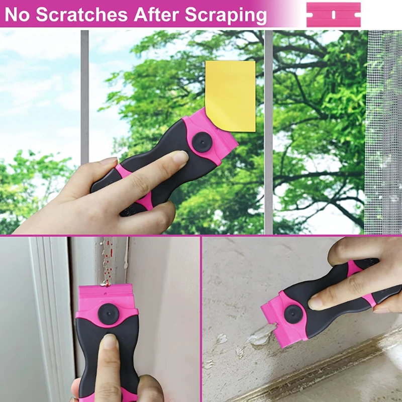 12pcs Pink Double Sided Scraper Tool With Spare Blade Wall Door Window Label Sticker Glue Residue Cleaning