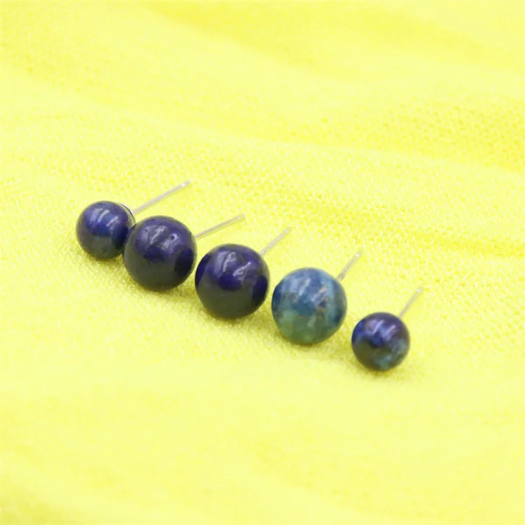 

ZFSILVER For Women Natural Vintage Femme Stone Gift Prevent Allergy Lapis Lazuli Sterling Silver 925 Beads Ball Stud Earrings
