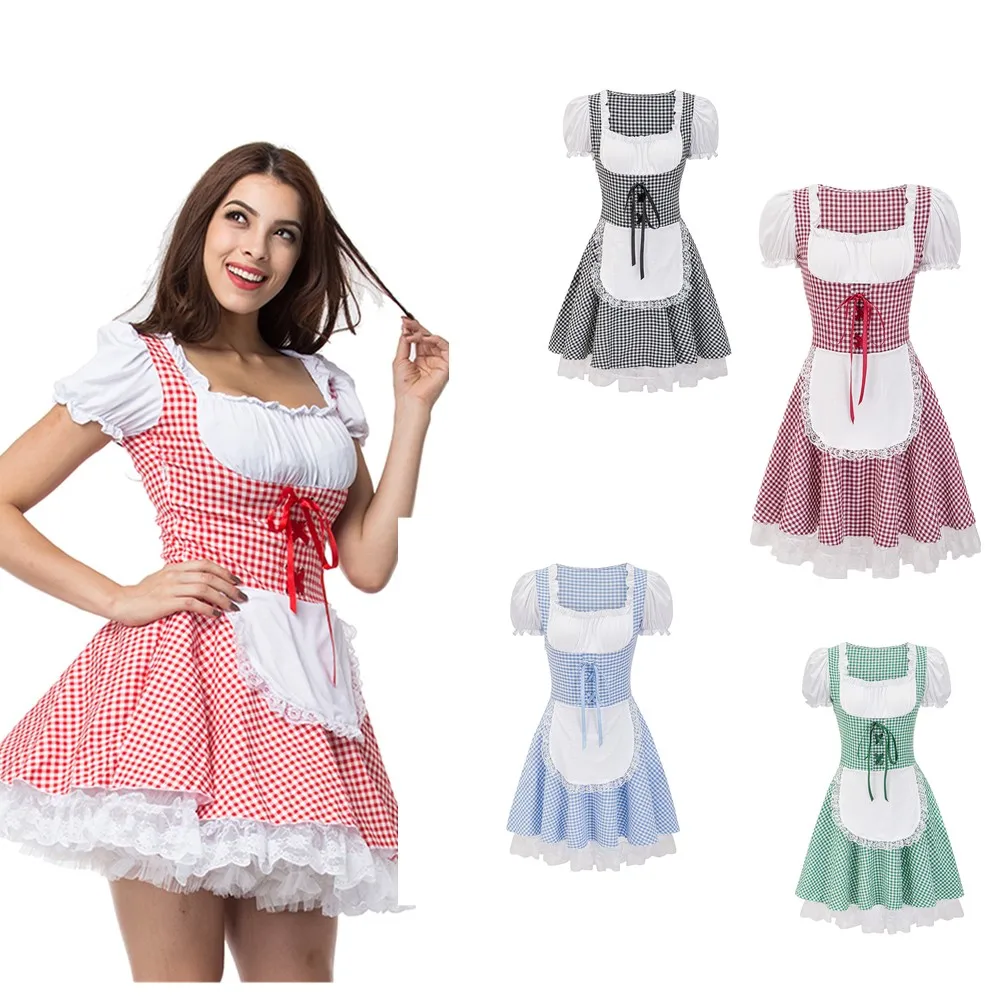 

Halloween Carnival Party Maid Dirndl Cosplay Costume Germany Bavaria Oktoberfest Traditional Beer Girl Wench Plaid Fancy Dress