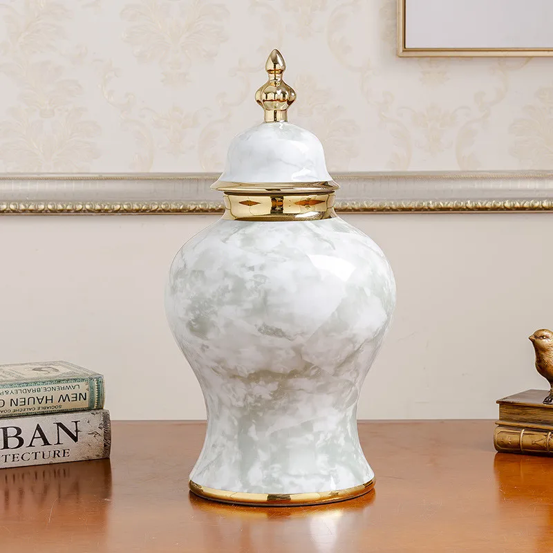 Ceramic General Jar Marbling Ginger Jar Flower Vase Storage Tank with Lid Desktop Porcelain Handicraft Ornaments Home Decoration 2