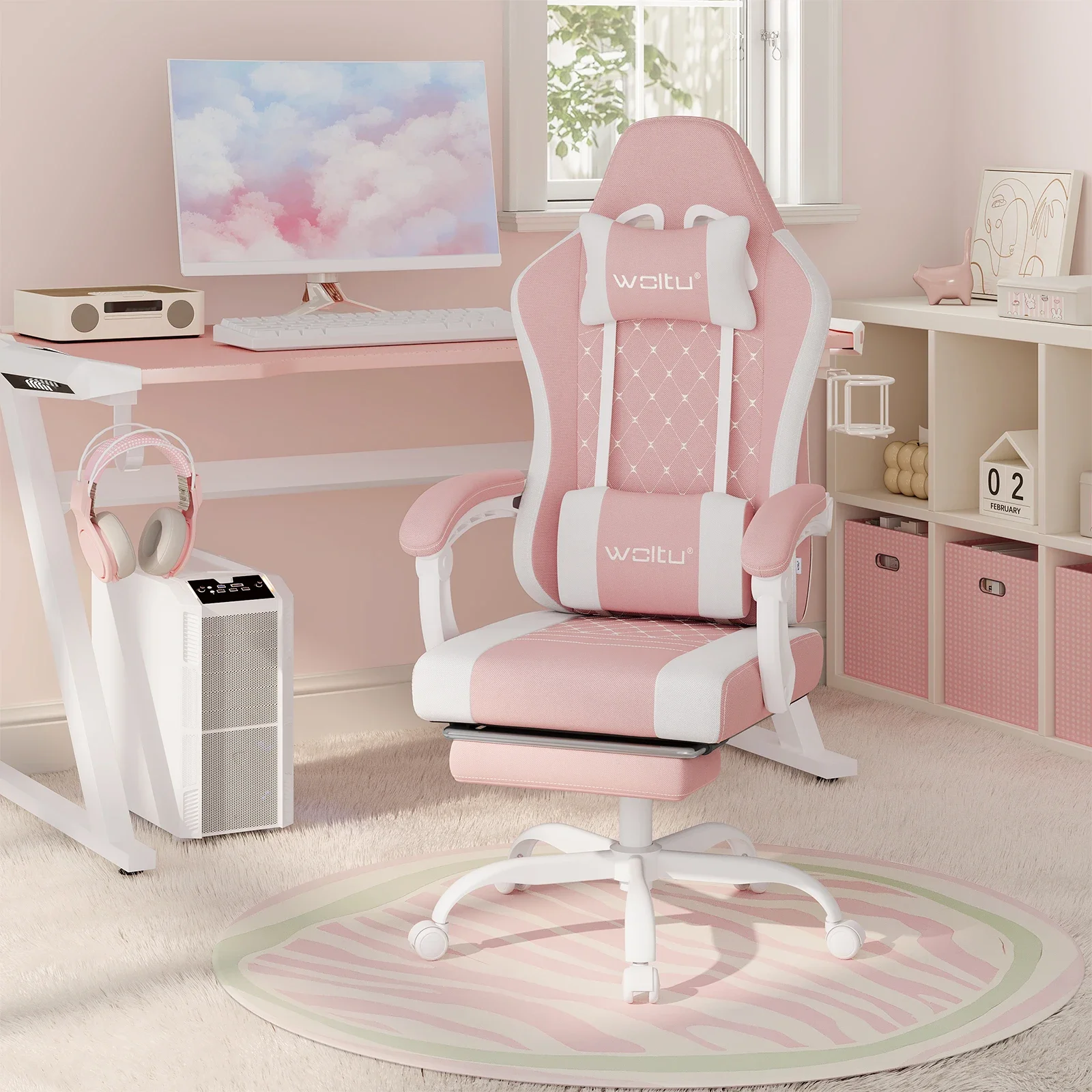 WOLTU Gaming-Stuhl, ergonomisch, drehbar, für Computer, Gamer, Massage, Bürostuhl mit Kissen, Fußstütze, verstellbare Kopfstütze, Lordosenstütze – Detail 40