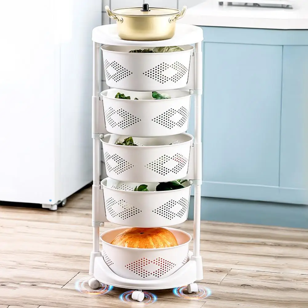 Kitchen Storage Cart, 5 Tier Circular Rotating Basket, Large Storage Rack with 360 Degree Wheels, Fruit Vegetable Shelf