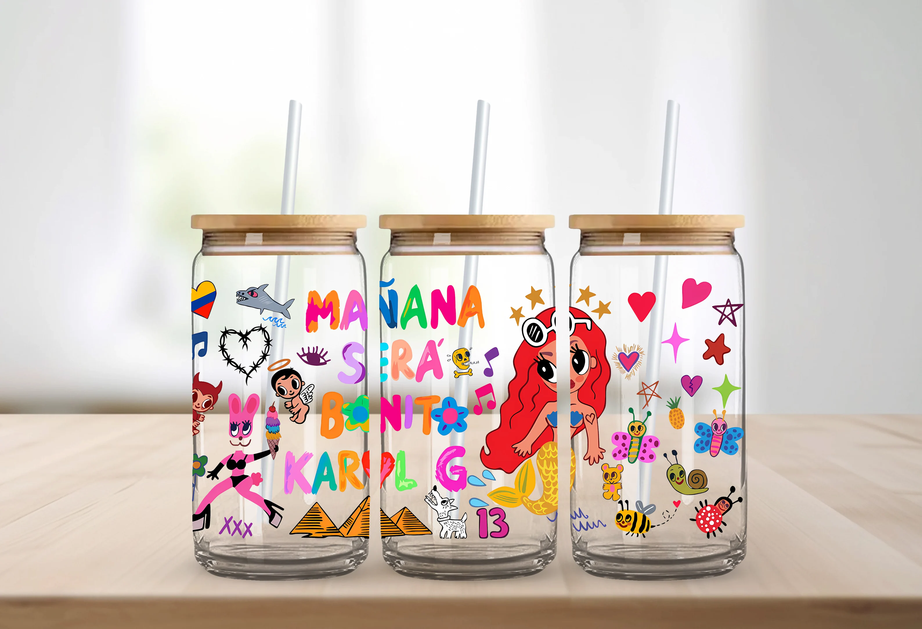 Glass Cup Film KAROL G Cartoon Mermaid Princess Graffiti 16oz DTF Printing Supplies Printable Self-adhesive Waterproof