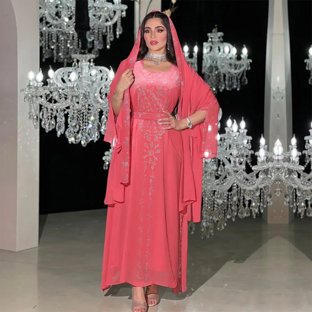 Summer 2023 Autumn Elegant Muslim Long Sleeve V-neck Pink Purple Long Abaya Muslim Fashion Dress Abaya Dress With Headscarf