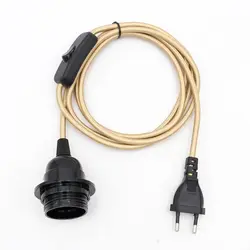 European Plug Power Cord with On/Off Switch and E27 Lamp Holder for Wall or Hanging Light Fixtures, 2m Length (Light gold)