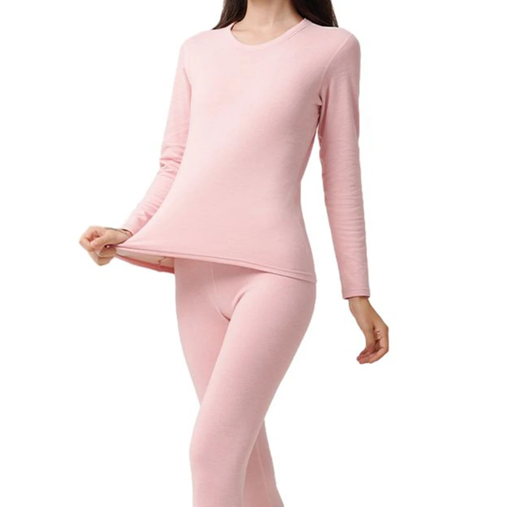 

2Pcs Casual Women's Thermal Underwear Set Solid Color Soft Long Sleeve Tops+ Pants Base Layer Autumn Underwear Sets