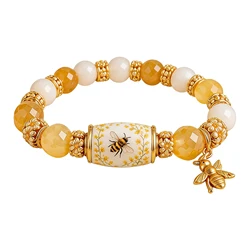 Vibrant Gemstone Beaded Inspirational Charm Bracelet (Yellow Bee)