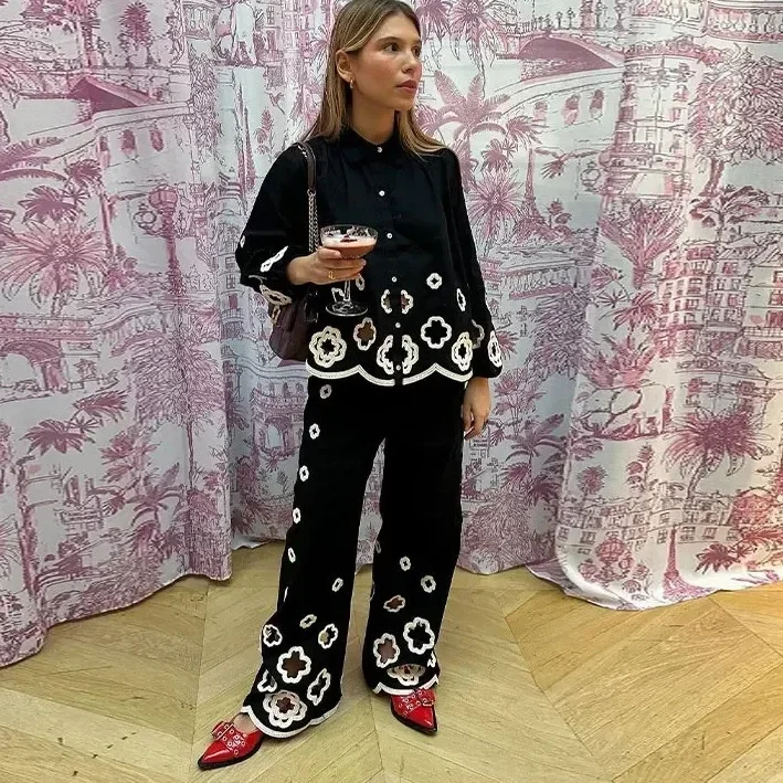 2024 Spring Chic Hook Flower Hollow Out Women's Lace Pants Set Retro Lapel Long Lantern Sleeve Shirt Suit Lady Elegant Outfit