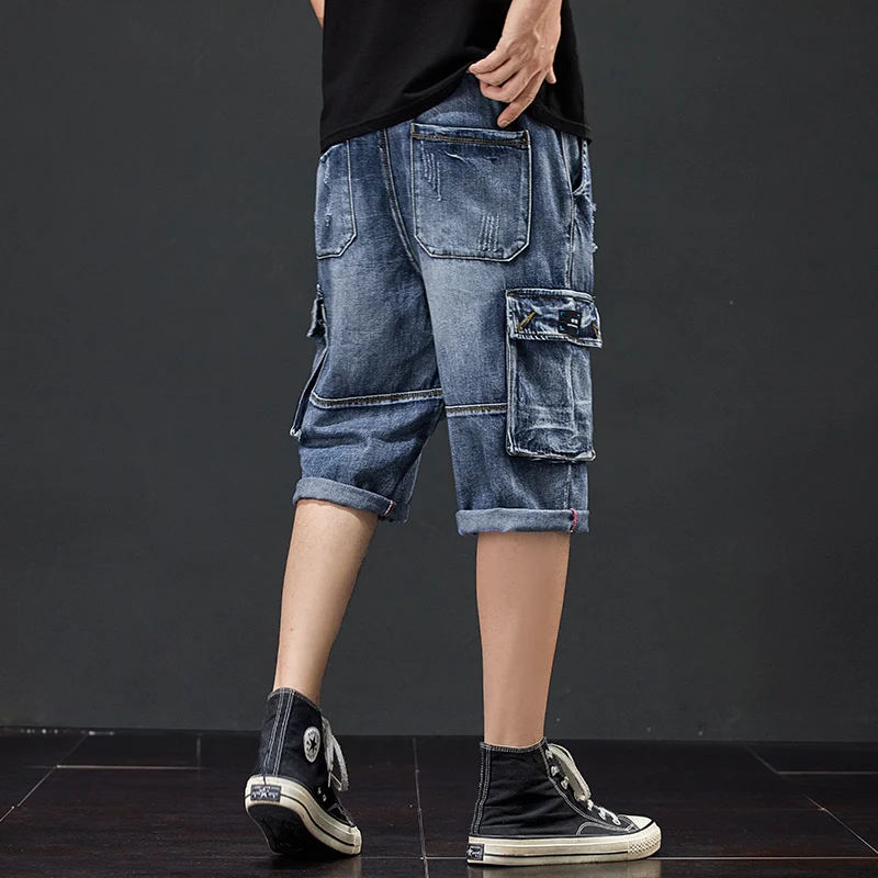 Denim Shorts Jeans 3/4 Men Hole Side 