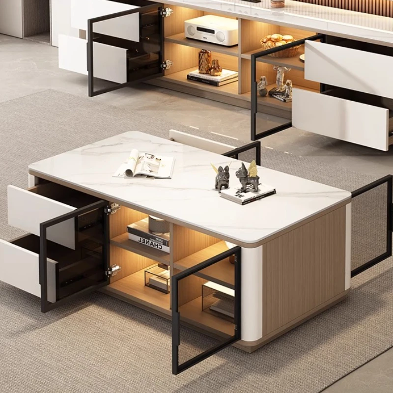 Slate TV Stand Glass Door Home Living Room Luxury Modern Minimalist Solid Wood Floor Standing 2025 New Model Coffee Table Set